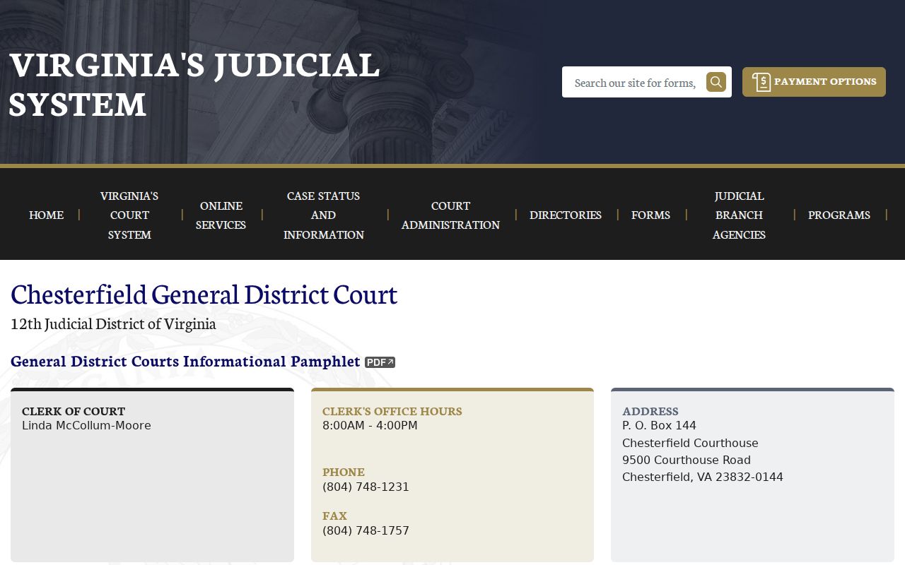 Chesterfield County traffic warrant reference to the General District Court schedule and clerk contact