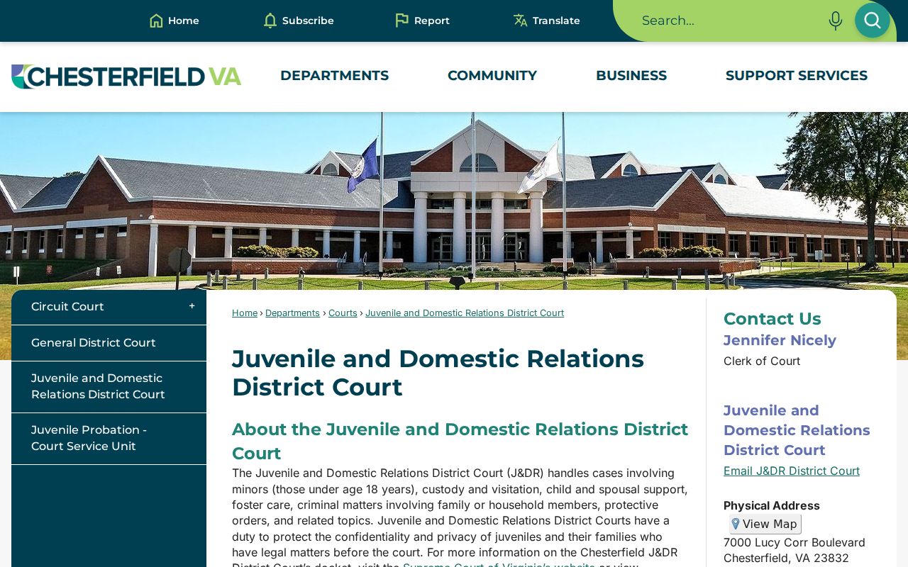 Chesterfield County municipal warrant reference showing the separate Juvenile and Domestic Relations Court jurisdiction