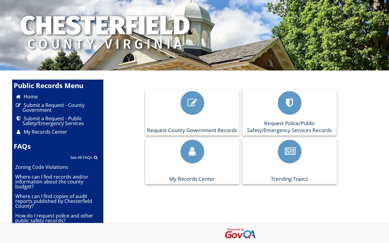 Chesterfield County warrant records reference showing the official public records request portal