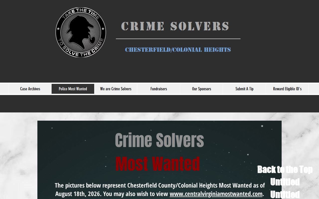 Chesterfield County most wanted warrant program page shown without individual profile cards