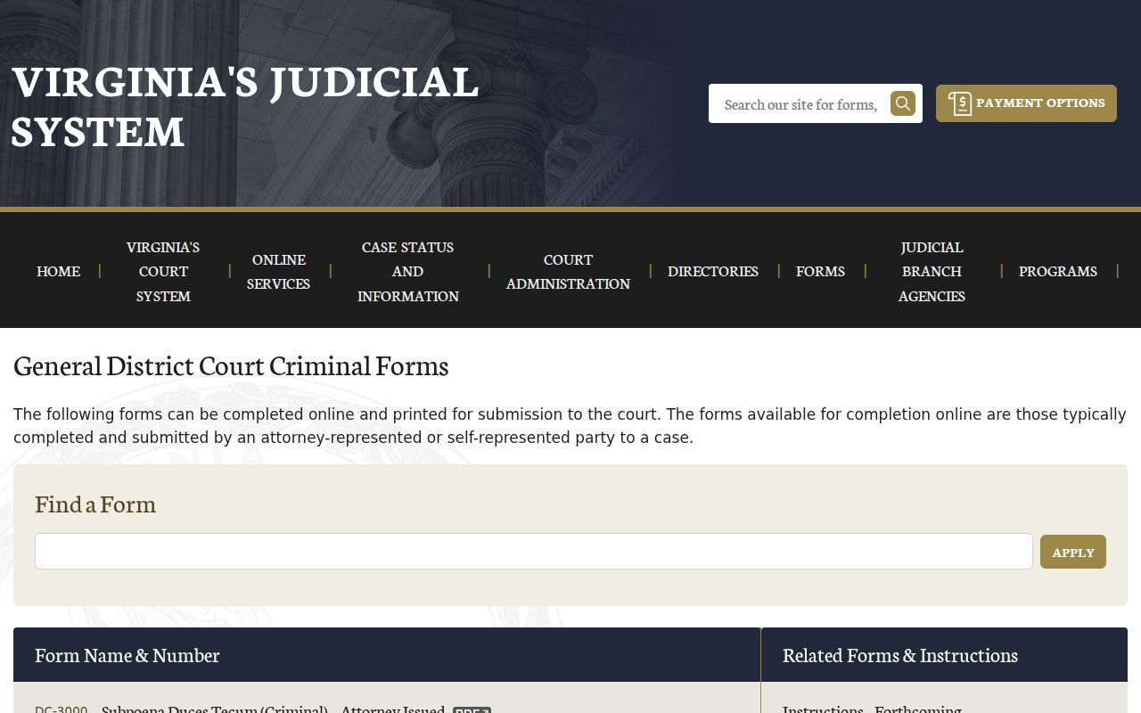 Chesterfield County arrest warrant reference to the official Virginia criminal forms index