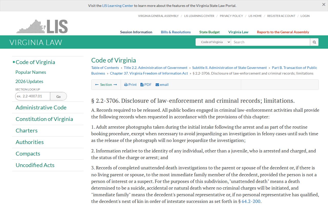 Chesterfield County active warrant record access reference to Virginia law enforcement records rules